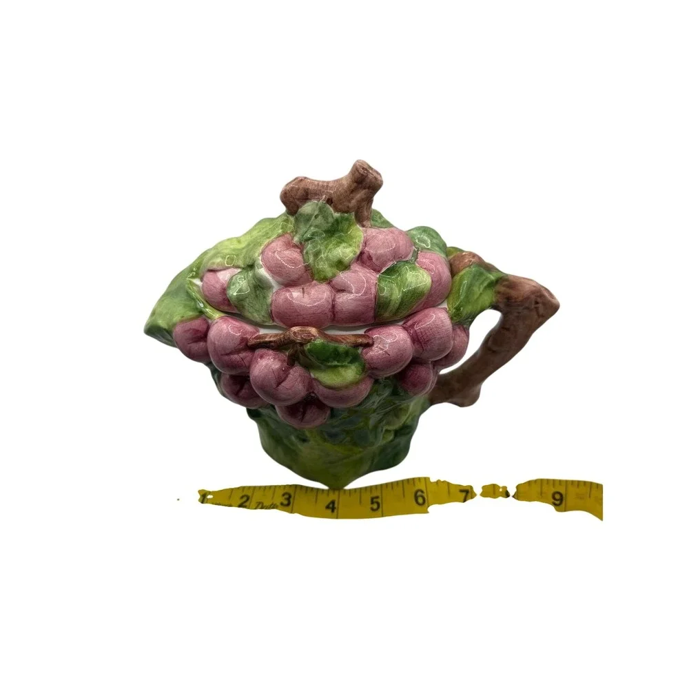 Vintage Italian Majolica Ceramic Fruit‎ Teapot Purple Grapes Green Leaves Italy